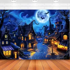 Halloween Town Wall Tapestry – Spooky Night Village with Moon, Bats and Haunted Houses, Blue Gothic Wall Hanging for 2025 Halloween Party, Bedroom, Living Room Decoration