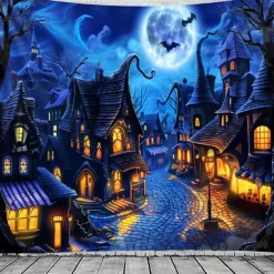 Halloween Town Wall Tapestry – Spooky Night Village with Moon, Bats and Haunted Houses, Blue Gothic Wall Hanging for 2025 Halloween Party, Bedroom, Living Room Decoration
