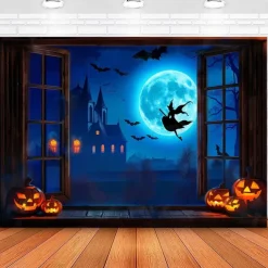 Halloween Town Wall Tapestry – Spooky Night Village with Moon, Bats and Haunted Houses, Blue Gothic Wall Hanging for 2025 Halloween Party, Bedroom, Living Room Decoration