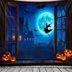Halloween Town Wall Tapestry – Spooky Night Village with Moon, Bats and Haunted Houses, Blue Gothic Wall Hanging for 2025 Halloween Party, Bedroom, Living Room Decoration