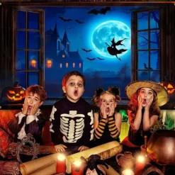 Halloween Town Wall Tapestry – Spooky Night Village with Moon, Bats and Haunted Houses, Blue Gothic Wall Hanging for 2025 Halloween Party, Bedroom, Living Room Decoration