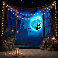 Halloween Town Wall Tapestry – Spooky Night Village with Moon, Bats and Haunted Houses, Blue Gothic Wall Hanging for 2025 Halloween Party, Bedroom, Living Room Decoration
