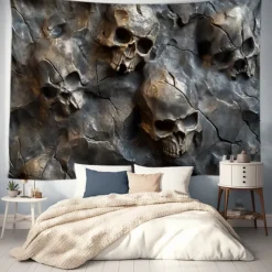 Halloween Trippy Skulls Hanging Tapestry Wall Art Large Tapestry Mural Decor Photograph Backdrop Blanket Curtain Home Bedroom Living Room Decoration