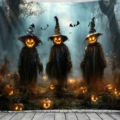 Halloween Wall Tapestry backdrop – Three Creepy Pumpkin Head Witches in Foggy Haunted Forest with Glowing Jack-O'-Lanterns and Bats, Spooky Wall Hanging Decoration for bedroom and living room