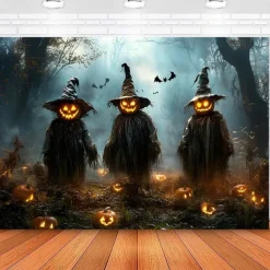 Halloween Wall Tapestry backdrop – Three Creepy Pumpkin Head Witches in Foggy Haunted Forest with Glowing Jack-O'-Lanterns and Bats, Spooky Wall Hanging Decoration for bedroom and living room