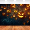 Halloween Wall Tapestry Backdrop – Glowing Jack-o'-Lantern Pumpkins Floating in Dark Spooky Night Sky with Swirling Vines, Creepy Party Wall Hanging Decoration