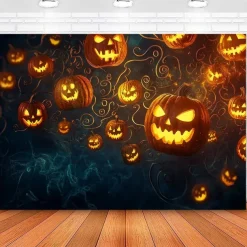 Halloween Wall Tapestry Backdrop – Glowing Jack-o'-Lantern Pumpkins Floating in Dark Spooky Night Sky with Swirling Vines, Creepy Party Wall Hanging Decoration