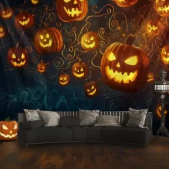 Halloween Wall Tapestry Backdrop – Glowing Jack-o'-Lantern Pumpkins Floating in Dark Spooky Night Sky with Swirling Vines, Creepy Party Wall Hanging Decoration