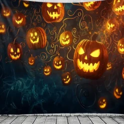 Halloween Wall Tapestry Backdrop – Glowing Jack-o'-Lantern Pumpkins Floating in Dark Spooky Night Sky with Swirling Vines, Creepy Party Wall Hanging Decoration