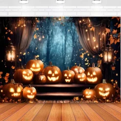 Halloween Wall Tapestry Backdrop – Glowing Jack-o'-Lantern Pumpkins Floating in Dark Spooky Night Sky with Swirling Vines, Creepy Party Wall Hanging Decoration