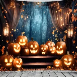 Halloween Wall Tapestry Backdrop – Glowing Jack-o'-Lantern Pumpkins Floating in Dark Spooky Night Sky with Swirling Vines, Creepy Party Wall Hanging Decoration