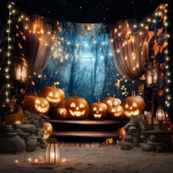 Halloween Wall Tapestry Backdrop – Glowing Jack-o'-Lantern Pumpkins Floating in Dark Spooky Night Sky with Swirling Vines, Creepy Party Wall Hanging Decoration