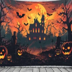 Halloween Wall Tapestry Backdrop – Spooky Haunted House with Full Moon, Flying Witch, Bats, Graveyard and Glowing Jack-o'-Lanterns, Black and White Gothic Wall Hanging for Party and Home Decoration