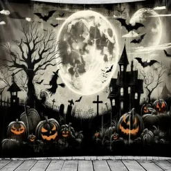 Halloween Wall Tapestry Backdrop – Spooky Haunted House with Full Moon, Flying Witch, Bats, Graveyard and Glowing Jack-o'-Lanterns, Black and White Gothic Wall Hanging for Party and Home Decoration
