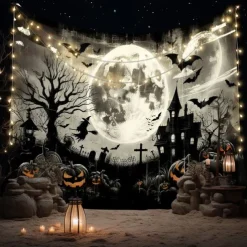 Halloween Wall Tapestry Backdrop – Spooky Haunted House with Full Moon, Flying Witch, Bats, Graveyard and Glowing Jack-o'-Lanterns, Black and White Gothic Wall Hanging for Party and Home Decoration