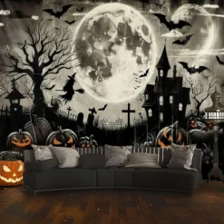 Halloween Wall Tapestry Backdrop – Spooky Haunted House with Full Moon, Flying Witch, Bats, Graveyard and Glowing Jack-o'-Lanterns, Black and White Gothic Wall Hanging for Party and Home Decoration