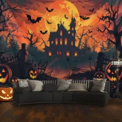 Halloween Wall Tapestry Backdrop – Spooky Haunted House with Full Moon, Flying Witch, Bats, Graveyard and Glowing Jack-o'-Lanterns, Black and White Gothic Wall Hanging for Party and Home Decoration