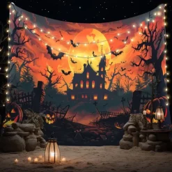 Halloween Wall Tapestry Backdrop – Spooky Haunted House with Full Moon, Flying Witch, Bats, Graveyard and Glowing Jack-o'-Lanterns, Black and White Gothic Wall Hanging for Party and Home Decoration