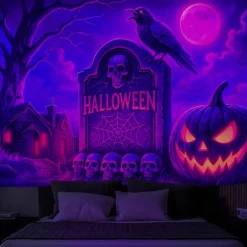 Halloween Wall Tapestry Neon Grim Reaper with Hourglass Design, Glowing Blacklight Decoration for 2025 Halloween Bedroom, Living Room, Dorm, or Party Backdrop