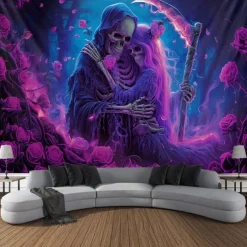 Halloween Wall Tapestry Neon Grim Reaper with Hourglass Design, Glowing Blacklight Decoration for 2025 Halloween Bedroom, Living Room, Dorm, or Party Backdrop