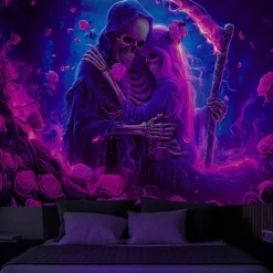 Halloween Wall Tapestry Neon Grim Reaper with Hourglass Design, Glowing Blacklight Decoration for 2025 Halloween Bedroom, Living Room, Dorm, or Party Backdrop