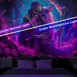 Halloween Wall Tapestry Neon Grim Reaper with Hourglass Design, Glowing Blacklight Decoration for 2025 Halloween Bedroom, Living Room, Dorm, or Party Backdrop