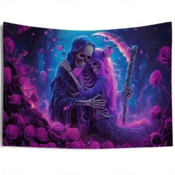 Halloween Wall Tapestry Neon Grim Reaper with Hourglass Design, Glowing Blacklight Decoration for 2025 Halloween Bedroom, Living Room, Dorm, or Party Backdrop