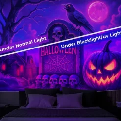 Halloween Wall Tapestry Neon Grim Reaper with Hourglass Design, Glowing Blacklight Decoration for 2025 Halloween Bedroom, Living Room, Dorm, or Party Backdrop