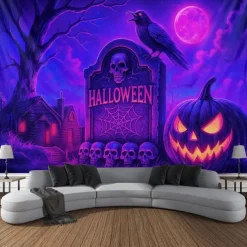 Halloween Wall Tapestry Neon Grim Reaper with Hourglass Design, Glowing Blacklight Decoration for 2025 Halloween Bedroom, Living Room, Dorm, or Party Backdrop