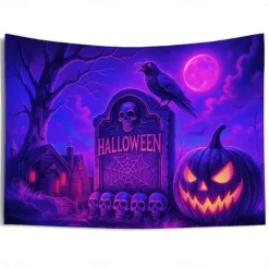 Halloween Wall Tapestry Neon Grim Reaper with Hourglass Design, Glowing Blacklight Decoration for 2025 Halloween Bedroom, Living Room, Dorm, or Party Backdrop
