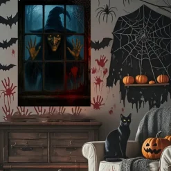 Halloween Window Cover Decorations, Fabric Cute Ghost Candle Halloween Curtain Horror Movie Poster Window Door Covering Decor for Haunted House, Scary Halloween Window Clings Decals Indoor Outdoor