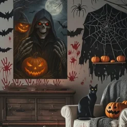 Halloween Window Cover Decorations, Fabric Cute Ghost Candle Halloween Curtain Horror Movie Poster Window Door Covering Decor for Haunted House, Scary Halloween Window Clings Decals Indoor Outdoor