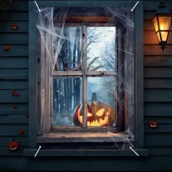 Halloween Window Cover Decorations, Fabric Cute Ghost Candle Halloween Curtain Horror Movie Poster Window Door Covering Decor for Haunted House, Scary Halloween Window Clings Decals Indoor Outdoor