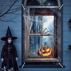 Halloween Window Cover Decorations, Fabric Cute Ghost Candle Halloween Curtain Horror Movie Poster Window Door Covering Decor for Haunted House, Scary Halloween Window Clings Decals Indoor Outdoor