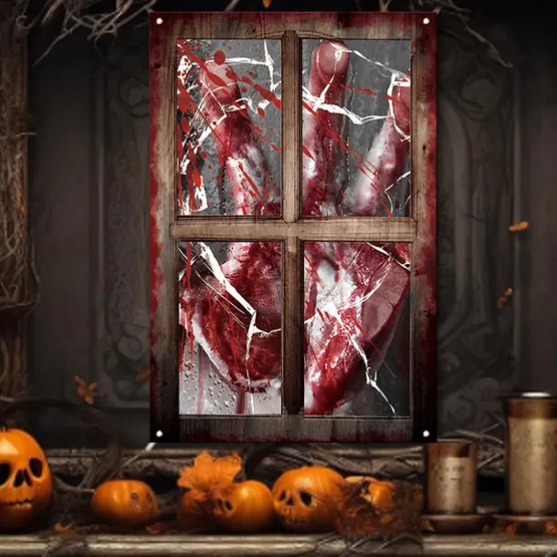 Halloween Window Cover Decorations, Fabric Bloody Hand Creepy Halloween Curtain Horror Movie Poster Window Door Covering Decor for Haunted House, Scary Halloween Window Clings Decals Indoor Outdoor