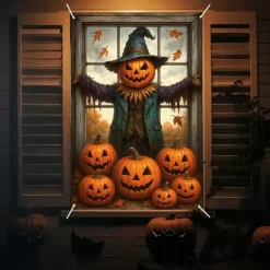 Halloween Window Cover Decorations, Fabric Cute Ghost Candle Halloween Curtain Horror Movie Poster Window Door Covering Decor for Haunted House, Scary Halloween Window Clings Decals Indoor Outdoor