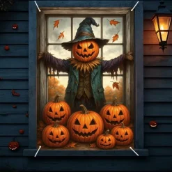 Halloween Window Cover Decorations, Fabric Cute Ghost Candle Halloween Curtain Horror Movie Poster Window Door Covering Decor for Haunted House, Scary Halloween Window Clings Decals Indoor Outdoor