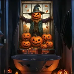 Halloween Window Cover Decorations, Fabric Cute Ghost Candle Halloween Curtain Horror Movie Poster Window Door Covering Decor for Haunted House, Scary Halloween Window Clings Decals Indoor Outdoor