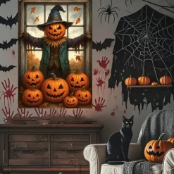 Halloween Window Cover Decorations, Fabric Cute Ghost Candle Halloween Curtain Horror Movie Poster Window Door Covering Decor for Haunted House, Scary Halloween Window Clings Decals Indoor Outdoor