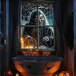Halloween Window Curtain Skeleton in Bathtub Scene, Realistic Horror Door Cover, Window cover, Wall Tapestry for 2025 Halloween Decoration