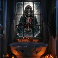 Halloween Window Curtain Skeleton in Bathtub Scene, Realistic Horror Door Cover, Window cover, Wall Tapestry for 2025 Halloween Decoration