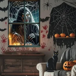 Halloween Window Curtain Skeleton in Bathtub Scene, Realistic Horror Door Cover, Window cover, Wall Tapestry for 2025 Halloween Decoration