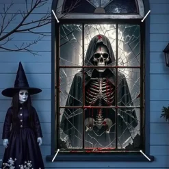 Halloween Window Curtain Skeleton in Bathtub Scene, Realistic Horror Door Cover, Window cover, Wall Tapestry for 2025 Halloween Decoration