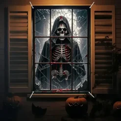 Halloween Window Curtain Skeleton in Bathtub Scene, Realistic Horror Door Cover, Window cover, Wall Tapestry for 2025 Halloween Decoration