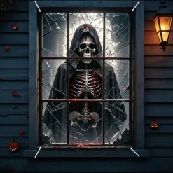 Halloween Window Curtain Skeleton in Bathtub Scene, Realistic Horror Door Cover, Window cover, Wall Tapestry for 2025 Halloween Decoration