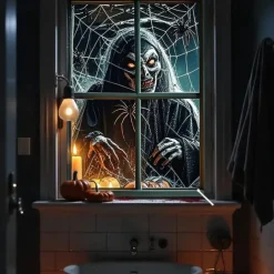 Halloween Window Curtain Skeleton in Bathtub Scene, Realistic Horror Door Cover, Window cover, Wall Tapestry for 2025 Halloween Decoration