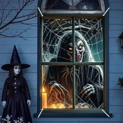 Halloween Window Curtain Skeleton in Bathtub Scene, Realistic Horror Door Cover, Window cover, Wall Tapestry for 2025 Halloween Decoration