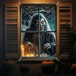 Halloween Window Curtain Skeleton in Bathtub Scene, Realistic Horror Door Cover, Window cover, Wall Tapestry for 2025 Halloween Decoration