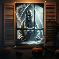 Halloween Window Curtain Grim Reaper Peeking Through Window, Horror Door Cover, Window cover, Wall Tapestry for Spooky 2025 Halloween Decoration