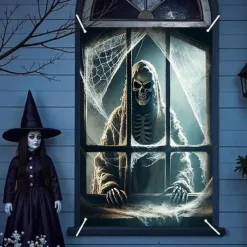 Halloween Window Curtain Grim Reaper Peeking Through Window, Horror Door Cover, Window cover, Wall Tapestry for Spooky 2025 Halloween Decoration